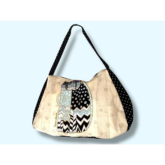 Laurel Burch Cats Shoulder Bag Cream Canvas Black With White poka Dots - Picture 3 of 11
